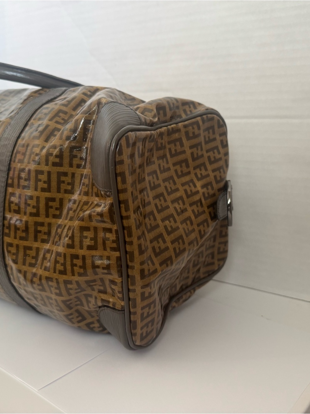 SOLD: Authentic Fendi Zucca Boston Bag Purse Brown FF Monogram Canvas Duffle - Picture 5 of 15